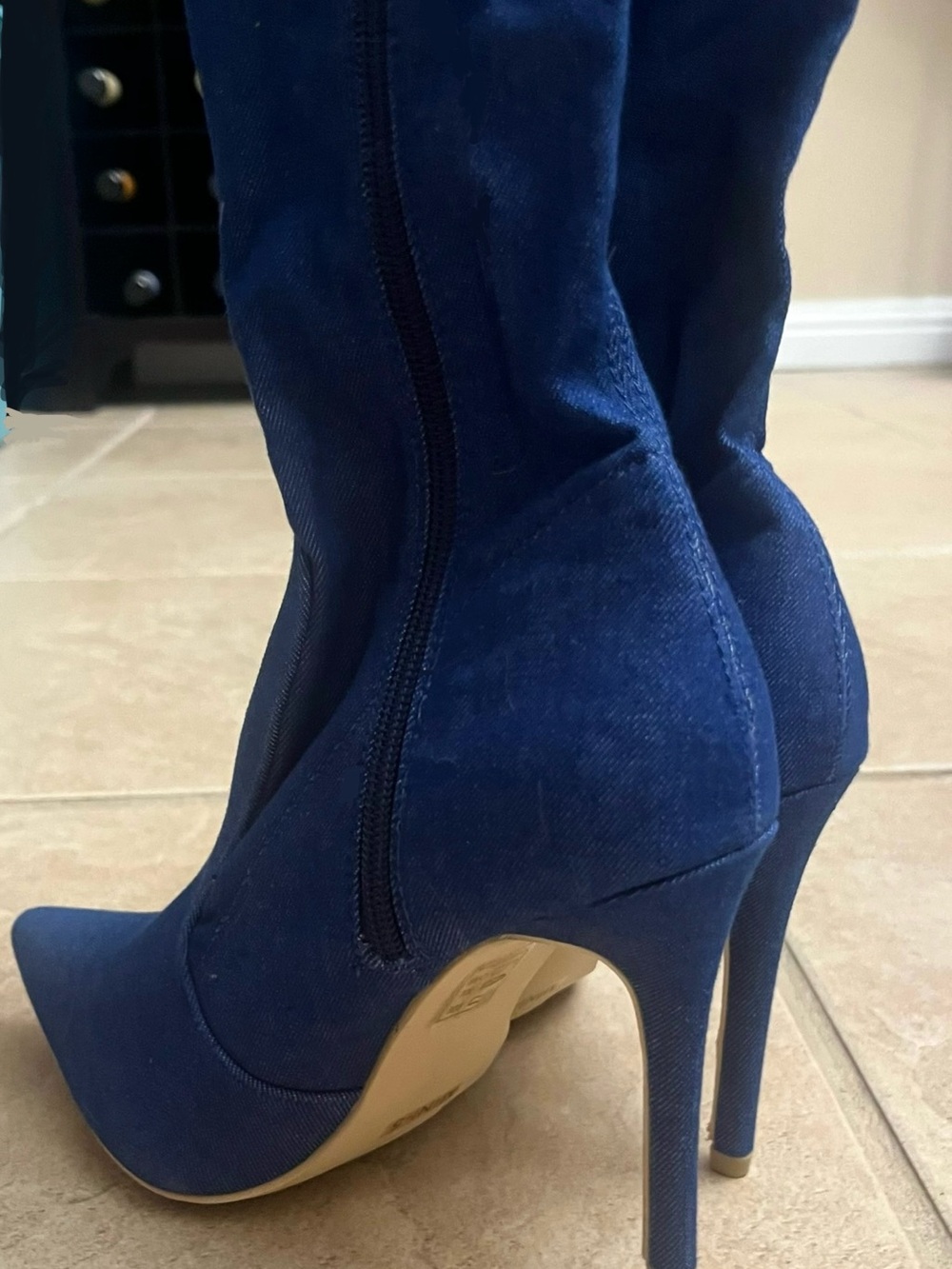 Cape Robin Blue Stretch Denim Jean Thigh High Pointy Toe Stiletto Heel Boots 6.5 - Picture 6 of 13